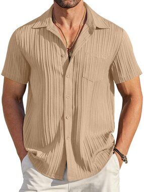 Men's Khaki Short Sleeve Textured Summer Collared Casual Button Down Shirts